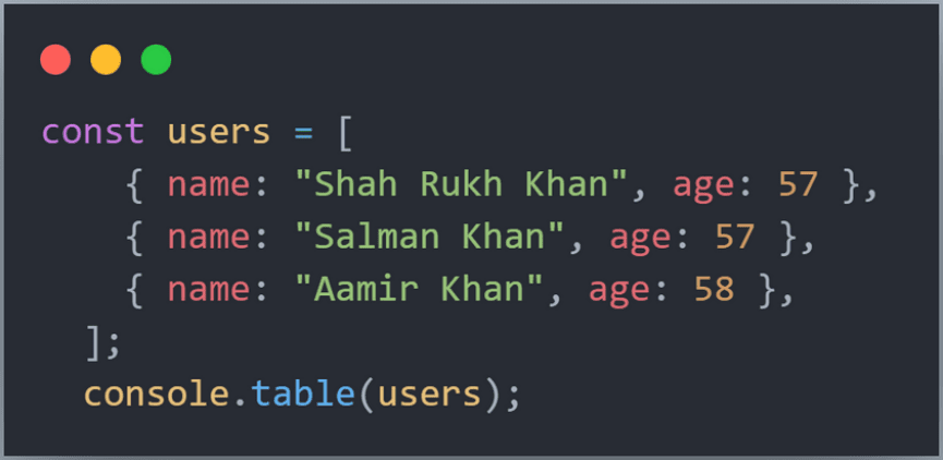 console.table screen
